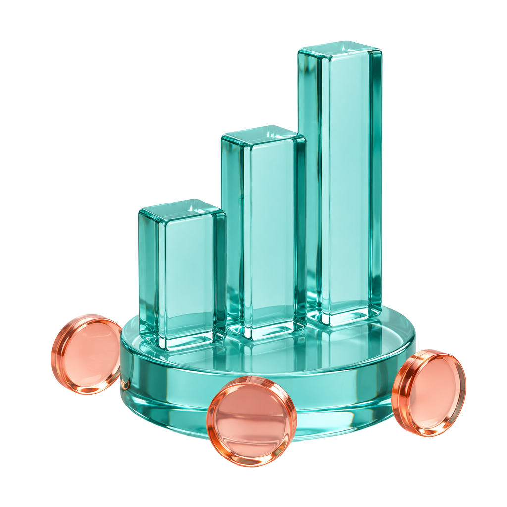 LW Management learning: conceptual glass chart and coral-colored discs